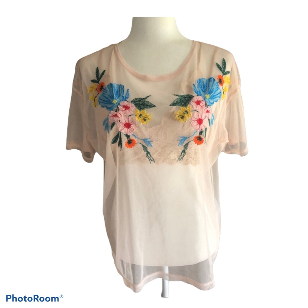 ZARA SHEER EMBROIDERED BLUSH BOXY TSHIRT